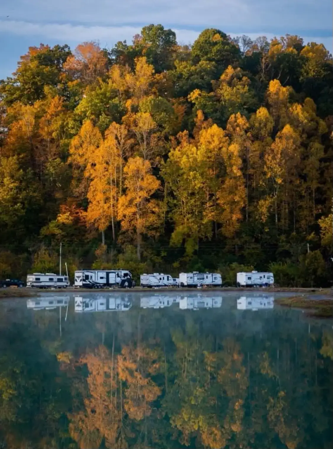Lakefront RV site at dawn