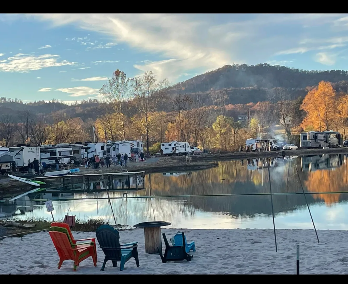 Beach chairs on the sandy shore with lakefront RV sites beyond